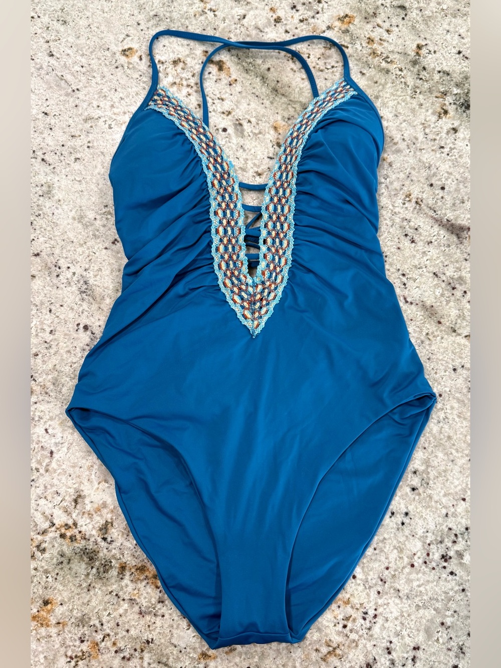 BECCA Teal One-Piece Swimsuit w/ Multi Color Crochet & Gold Shimmer Plunge Trim